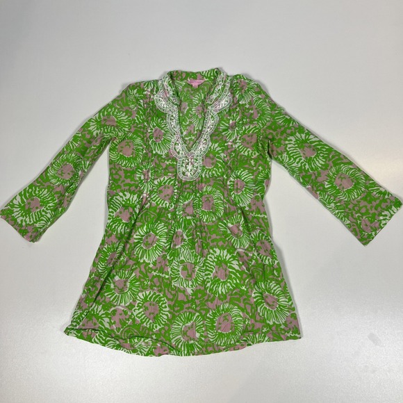 Lilly Pulitzer Sarasota Tunic Top Size Small Sunnyside Cabana Lion Beaded V-Neck - Picture 2 of 7